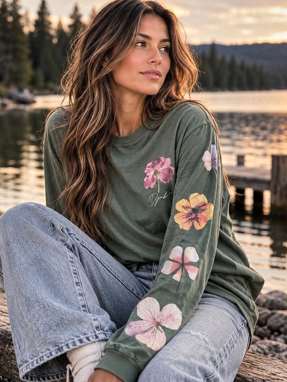 Djab | Organic 100% Cotton | Long Sleeve | Medium | Green Botanical Graphic 🌿